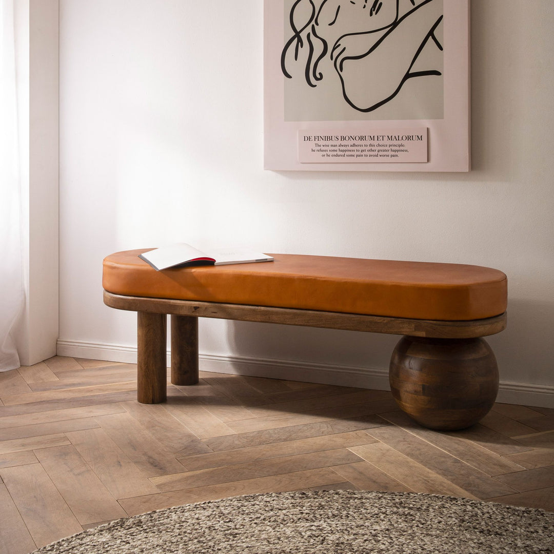 Gedeskinds-entrébænk i mangotræ 140x47x40 cm moderne, polstret entrébænk, polstret læderbænk brun