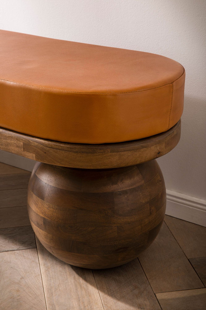 Gedeskinds-entrébænk i mangotræ 140x47x40 cm moderne, polstret entrébænk, polstret læderbænk brun