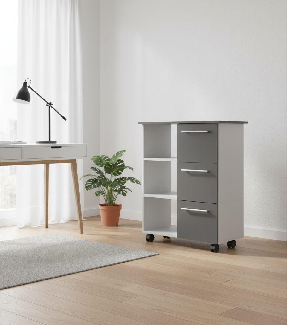 Køkkenvogn med 3 skuffer, 85 x 68 x 38 cm, hvid og grå