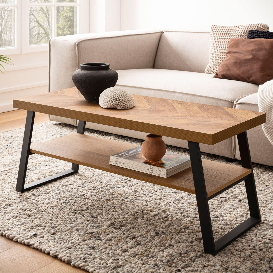 Sofabord 100x40x41 cm brunt sofabord med sildebensmønster, sofabord med metalramme