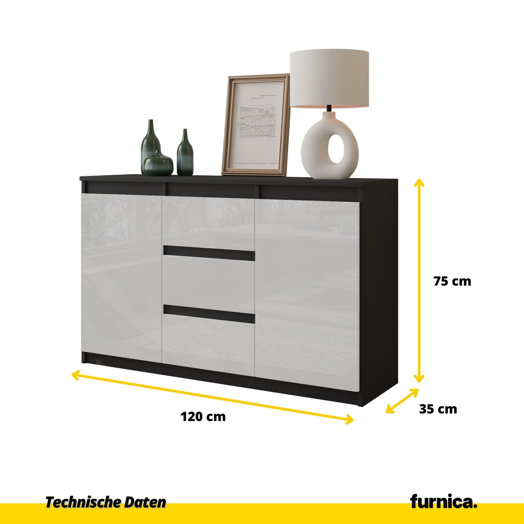 MIKEL - Kommode med 3 skuffer - antracit-grå / højglans hvid H75cm B120cm D35cm