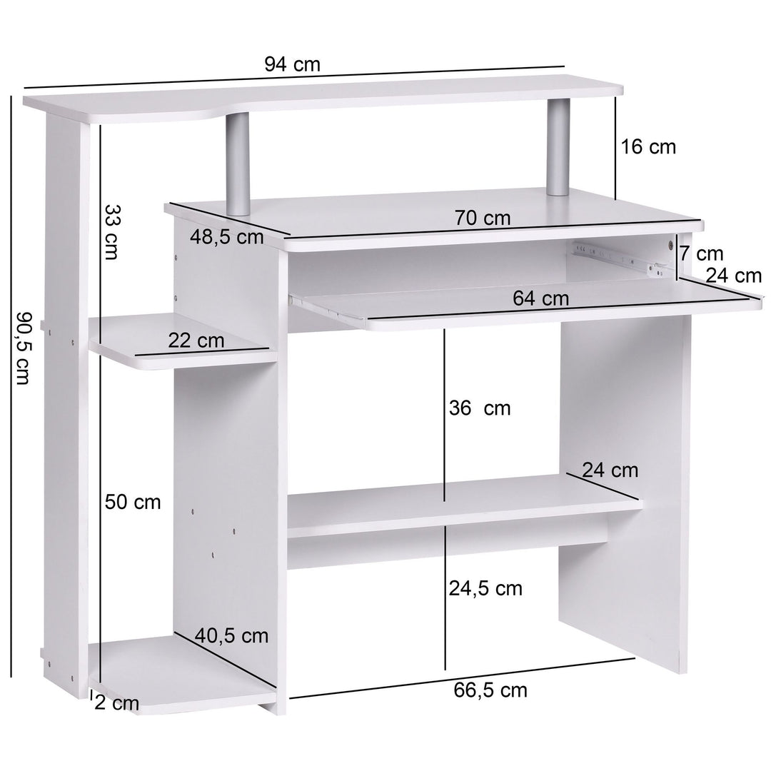 Praktisk skrivebord / computerbord med tastaturforlænger, 94 x 90 x 48 cm, hvid