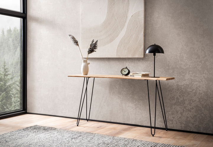 Konsolbord 150x36x75 cm, massivt akacietræ, levende kant, skænk, entrebord med hårnåleben, smalt, moderne, entrebord med metalstel, langt, højt entrebord