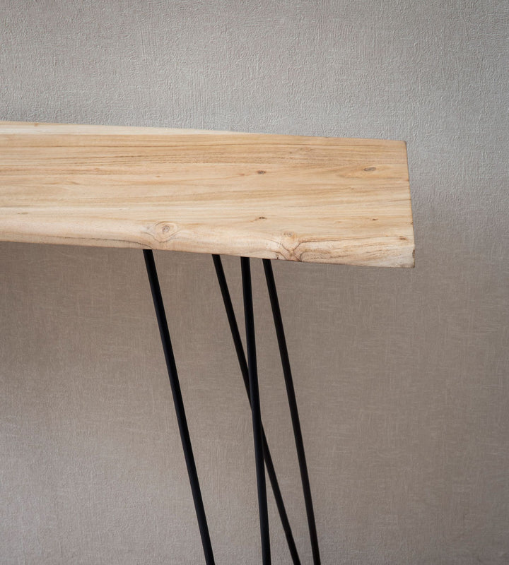 Konsolbord 150x36x75 cm, massivt akacietræ, levende kant, skænk, entrebord med hårnåleben, smalt, moderne, entrebord med metalstel, langt, højt entrebord