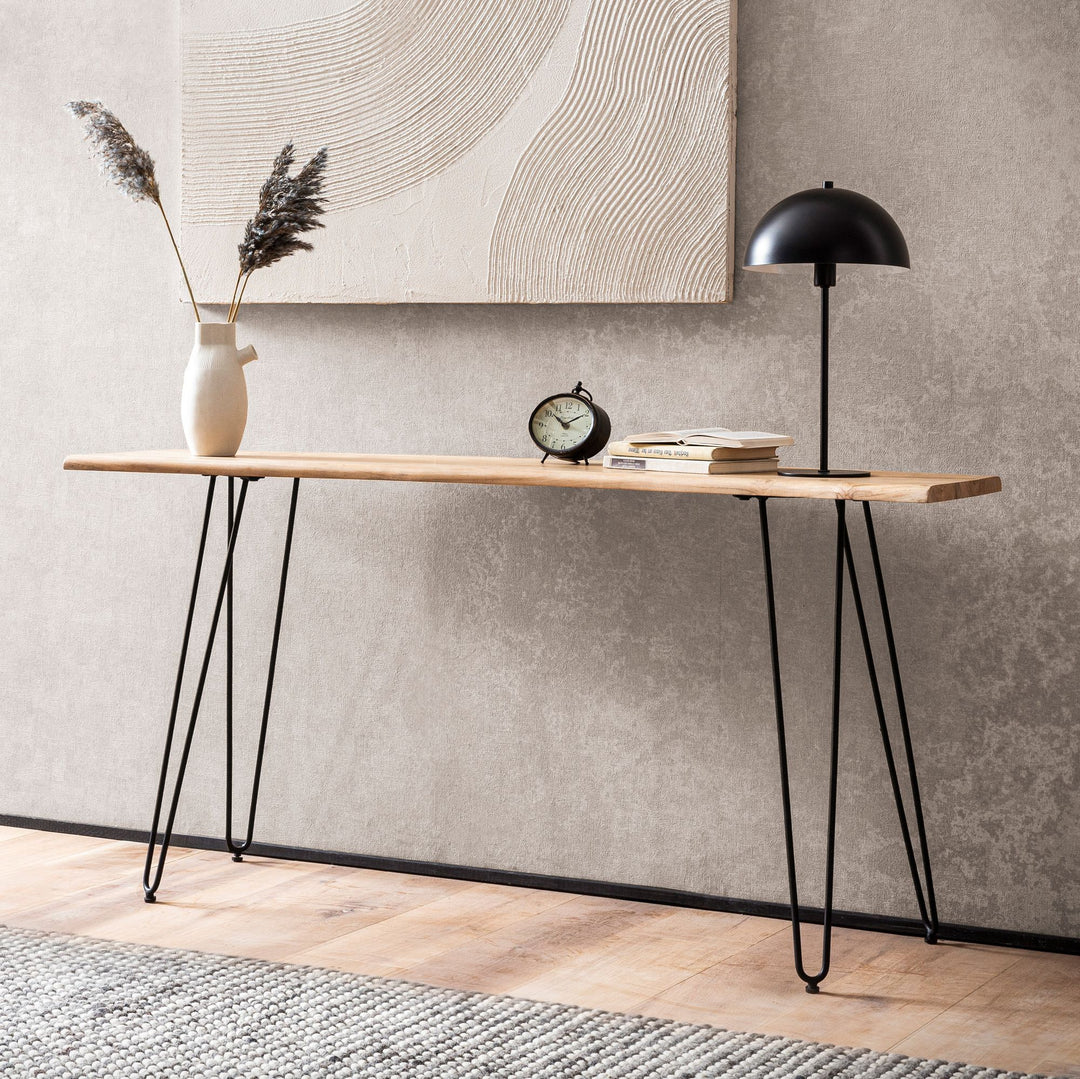 Konsolbord 150x36x75 cm, massivt akacietræ, levende kant, skænk, entrebord med hårnåleben, smalt, moderne, entrebord med metalstel, langt, højt entrebord