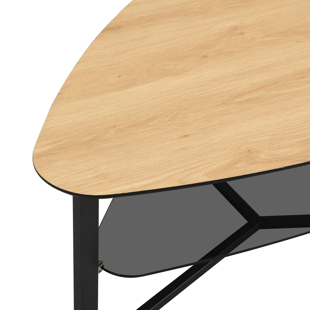 Nyreformet sofabord i egetræslook, 110 cm, med glashylde og metalstel; stort stuebord i retrodesign; robust sofabord/sidebord