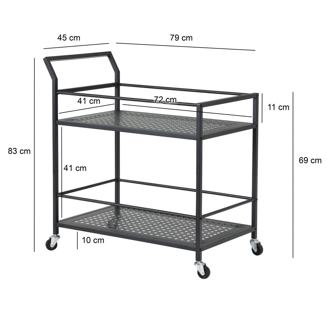Serveringsvogn i metal, sort, 79x45x83 cm, med hjul og bremser, køkkenvogn i 2 niveauer, barvogn og rullebord, multifunktionel, moderne, sidebord til køkken, spisestue, stue