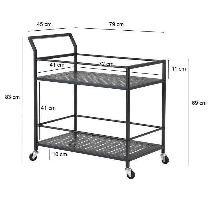 Serveringsvogn i metal, sort, 79x45x83 cm, med hjul og bremser, køkkenvogn i 2 niveauer, barvogn og rullebord, multifunktionel, moderne, sidebord til køkken, spisestue, stue