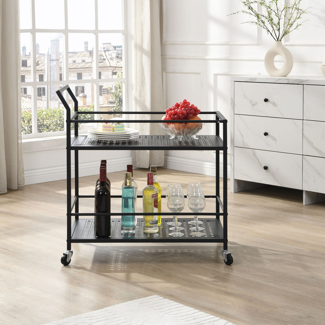 Serveringsvogn i metal, sort, 79x45x83 cm, med hjul og bremser, køkkenvogn i 2 niveauer, barvogn og rullebord, multifunktionel, moderne, sidebord til køkken, spisestue, stue