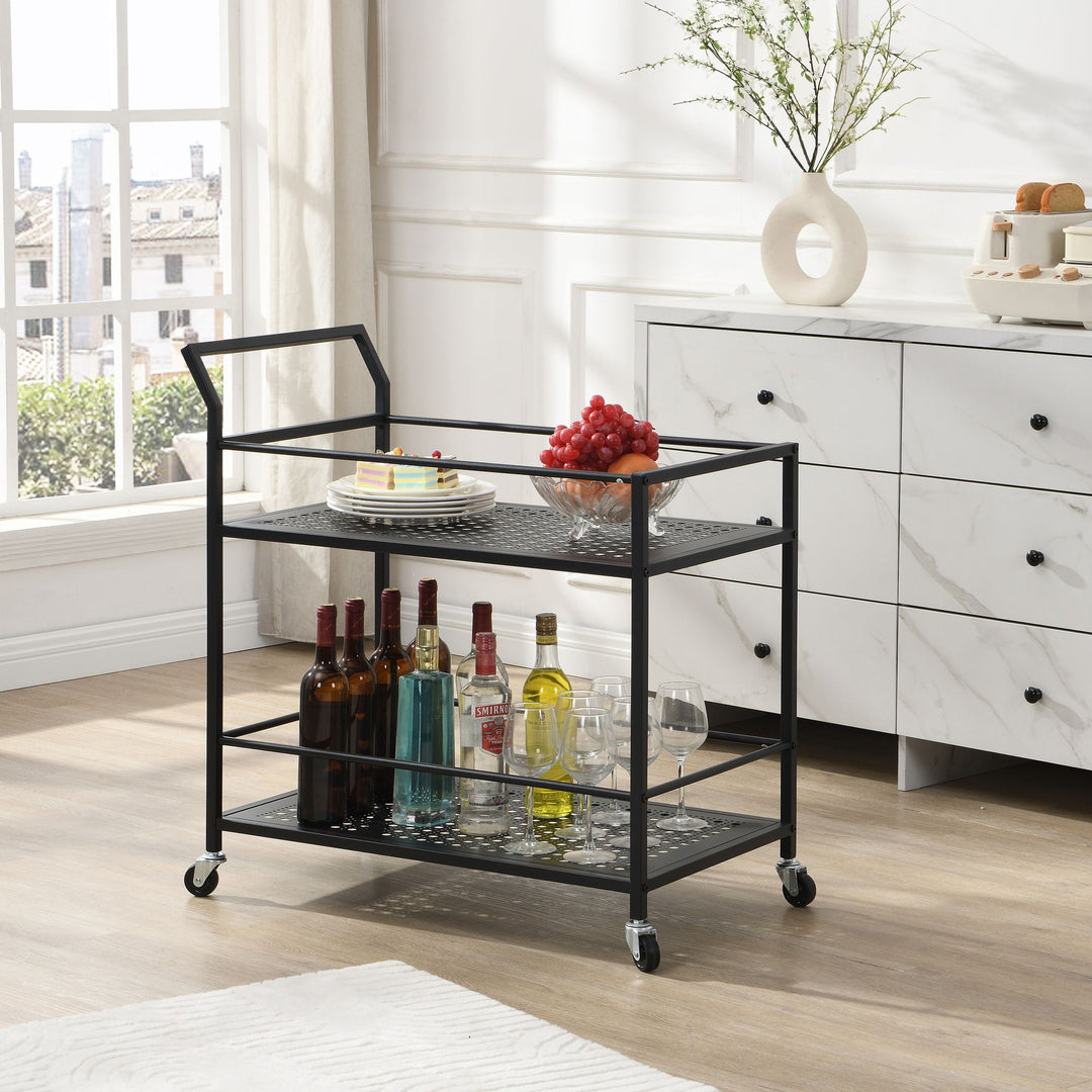 Serveringsvogn i metal, sort, 79x45x83 cm, med hjul og bremser, køkkenvogn i 2 niveauer, barvogn og rullebord, multifunktionel, moderne, sidebord til køkken, spisestue, stue