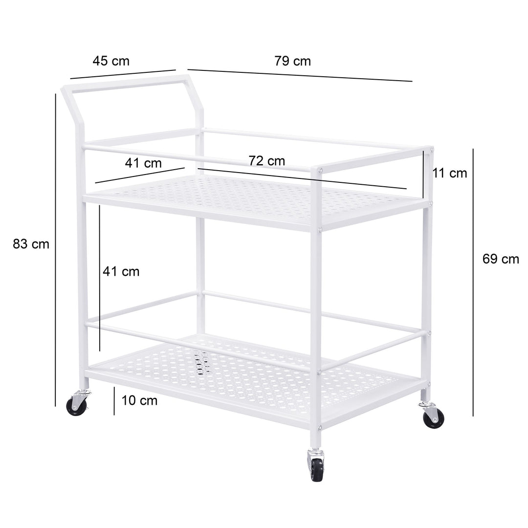 Serveringsvogn i metal, hvid, 79x45x83 cm, med hjul og bremser, køkkenvogn med 2 hylder, barvogn og rullebord, multifunktionel, moderne, sidebord til køkken, spisestue, stue