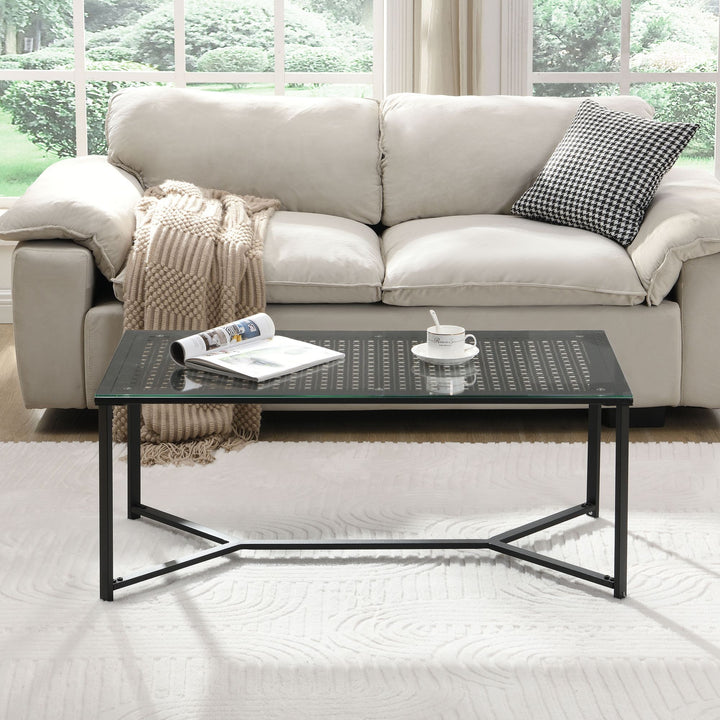 Sofabord i glas og metal, sort, 100 cm; rektangulært moderne stuebord med glasplade og metalstel; sofabord i industriel stil til stuen