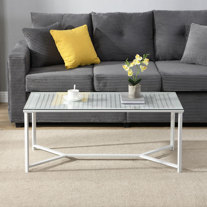 Sofabord i glas og metal, hvidt, 100 cm; rektangulært moderne stuebord med glasplade og metalstel; sofabord i industriel stil til stuen