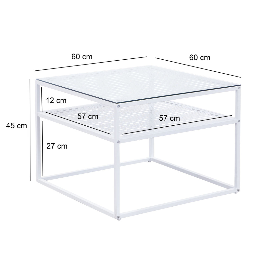 Sofabord i glas og metal, hvidt, 60x60x45 cm; moderne firkantet stuebord med hylde; lille sidebord/sofabord i glas