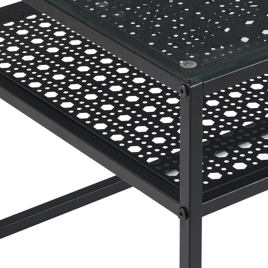 Rektangulært sofabord i glas, 100 cm, sort; moderne stuebord med metalstel og hylde i industrielt design; sofabord med glasplade