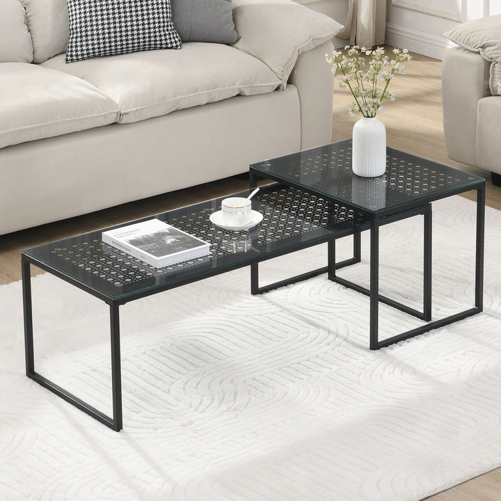 Indskudsborde Glas Metal 2-delt Sæt Moderne Sofabord Sort, Designer Sofabord Pladsbesparende, Stue Sofabord Rektangulært & Firkantet