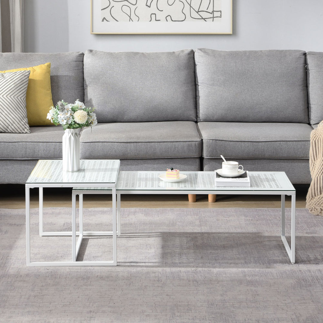 Indskudsborde Glas Metal 2-delt Sæt Moderne Sofabord Hvid, Designer Sofabord Pladsbesparende, Stue Sofabord Rektangulært & Firkantet