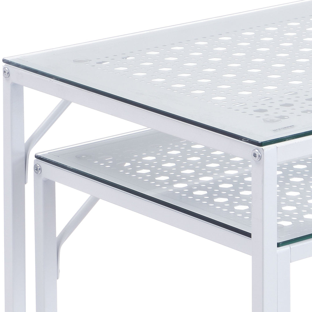 Konsolbordsæt med 2, hvidmetal med glasplade, moderne dekorative borde til entré og stue, smalle sideborde i industrielt design, pladsbesparende og stabelbare