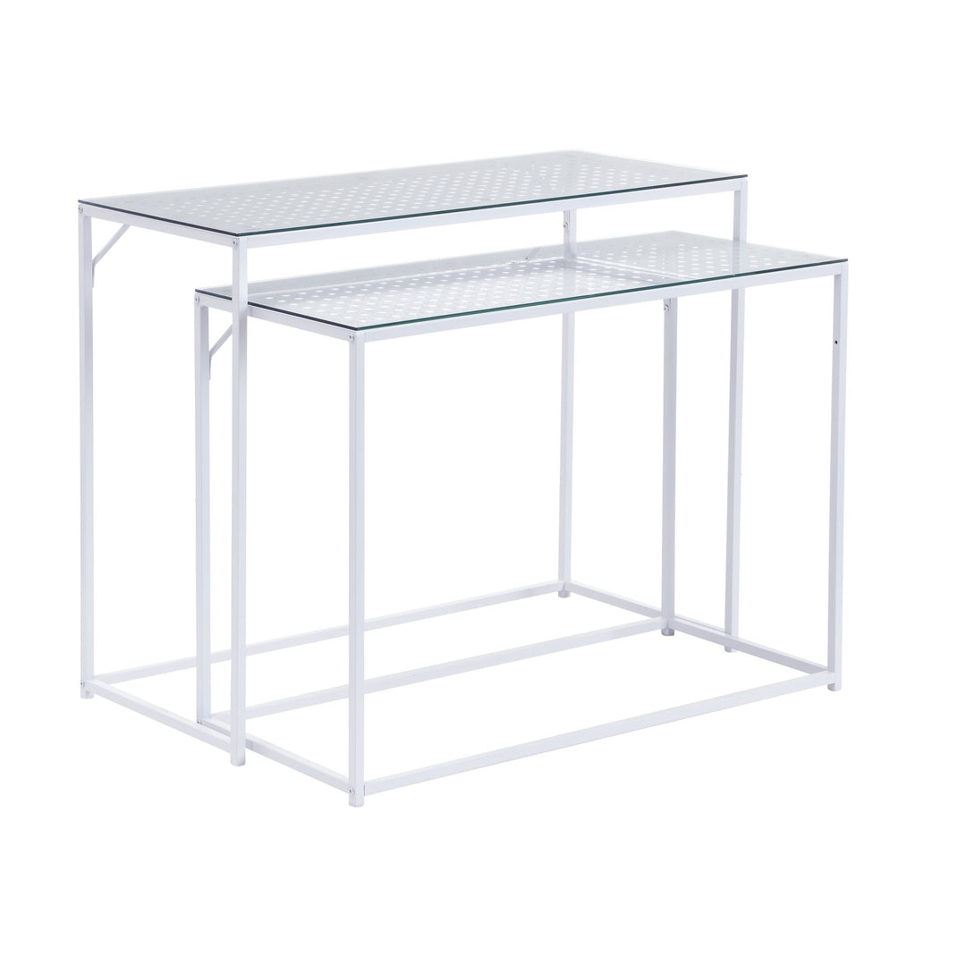 Konsolbordsæt med 2, hvidmetal med glasplade, moderne dekorative borde til entré og stue, smalle sideborde i industrielt design, pladsbesparende og stabelbare