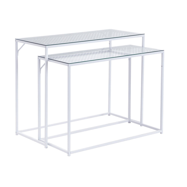Konsolbordsæt med 2, hvidmetal med glasplade, moderne dekorative borde til entré og stue, smalle sideborde i industrielt design, pladsbesparende og stabelbare