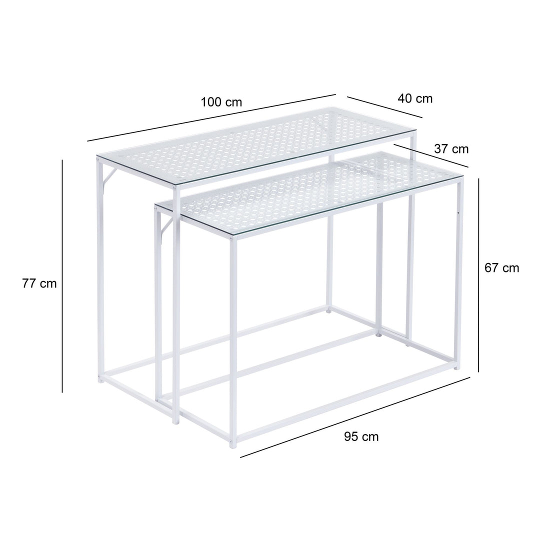 Konsolbordsæt med 2, hvidmetal med glasplade, moderne dekorative borde til entré og stue, smalle sideborde i industrielt design, pladsbesparende og stabelbare