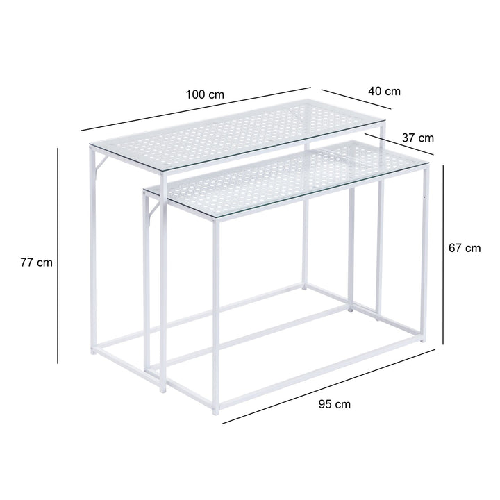 Konsolbordsæt med 2, hvidmetal med glasplade, moderne dekorative borde til entré og stue, smalle sideborde i industrielt design, pladsbesparende og stabelbare