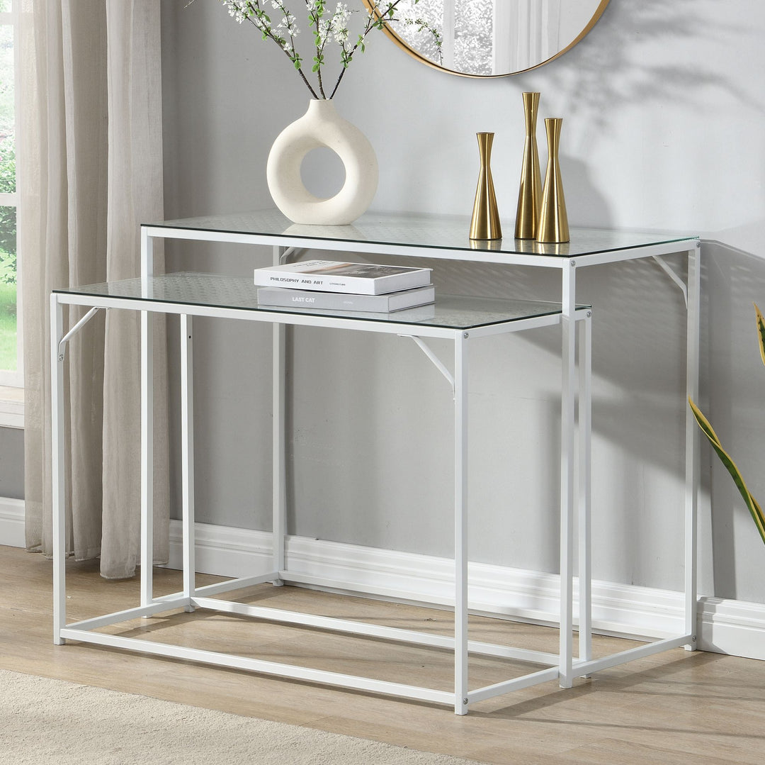 Konsolbordsæt med 2, hvidmetal med glasplade, moderne dekorative borde til entré og stue, smalle sideborde i industrielt design, pladsbesparende og stabelbare