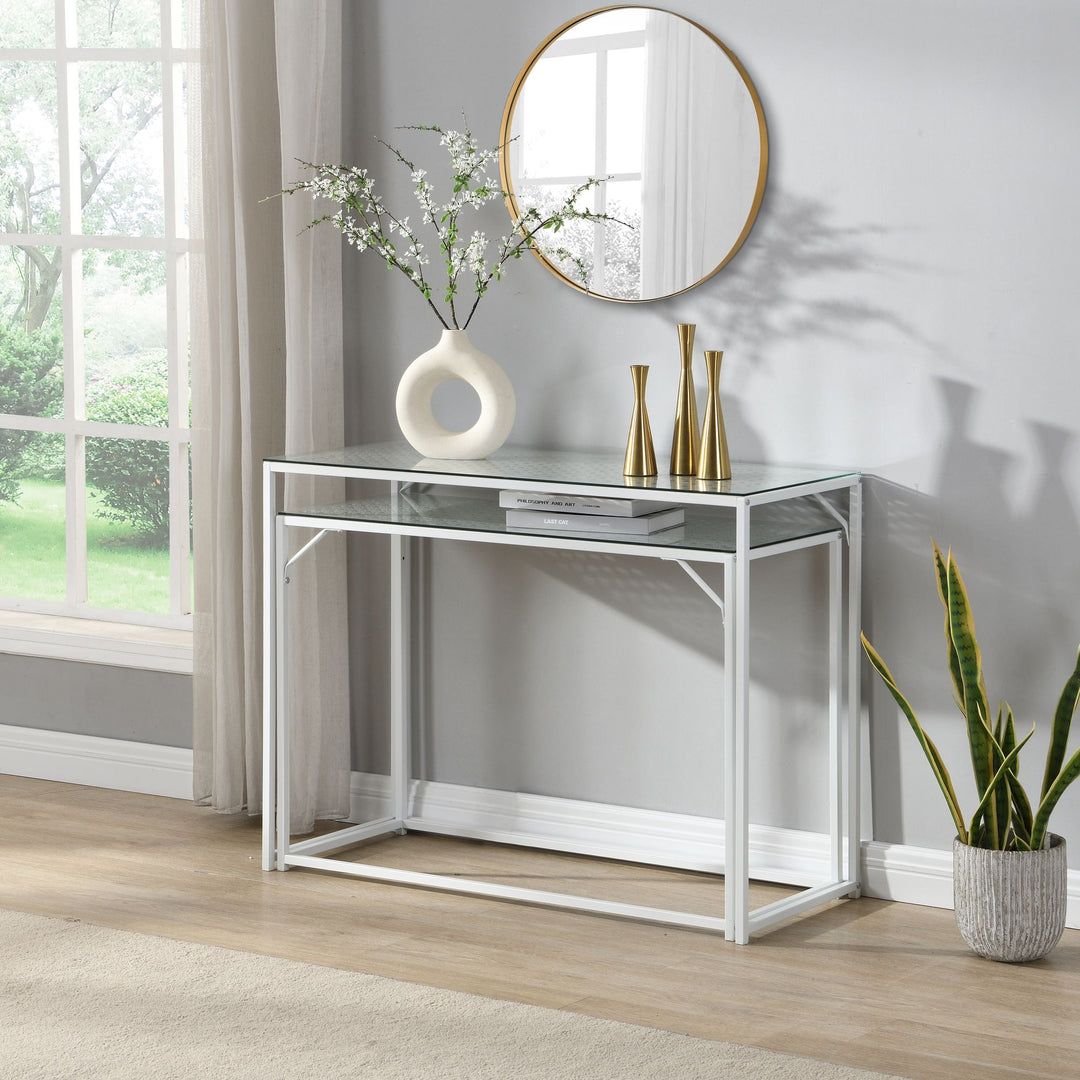 Konsolbordsæt med 2, hvidmetal med glasplade, moderne dekorative borde til entré og stue, smalle sideborde i industrielt design, pladsbesparende og stabelbare