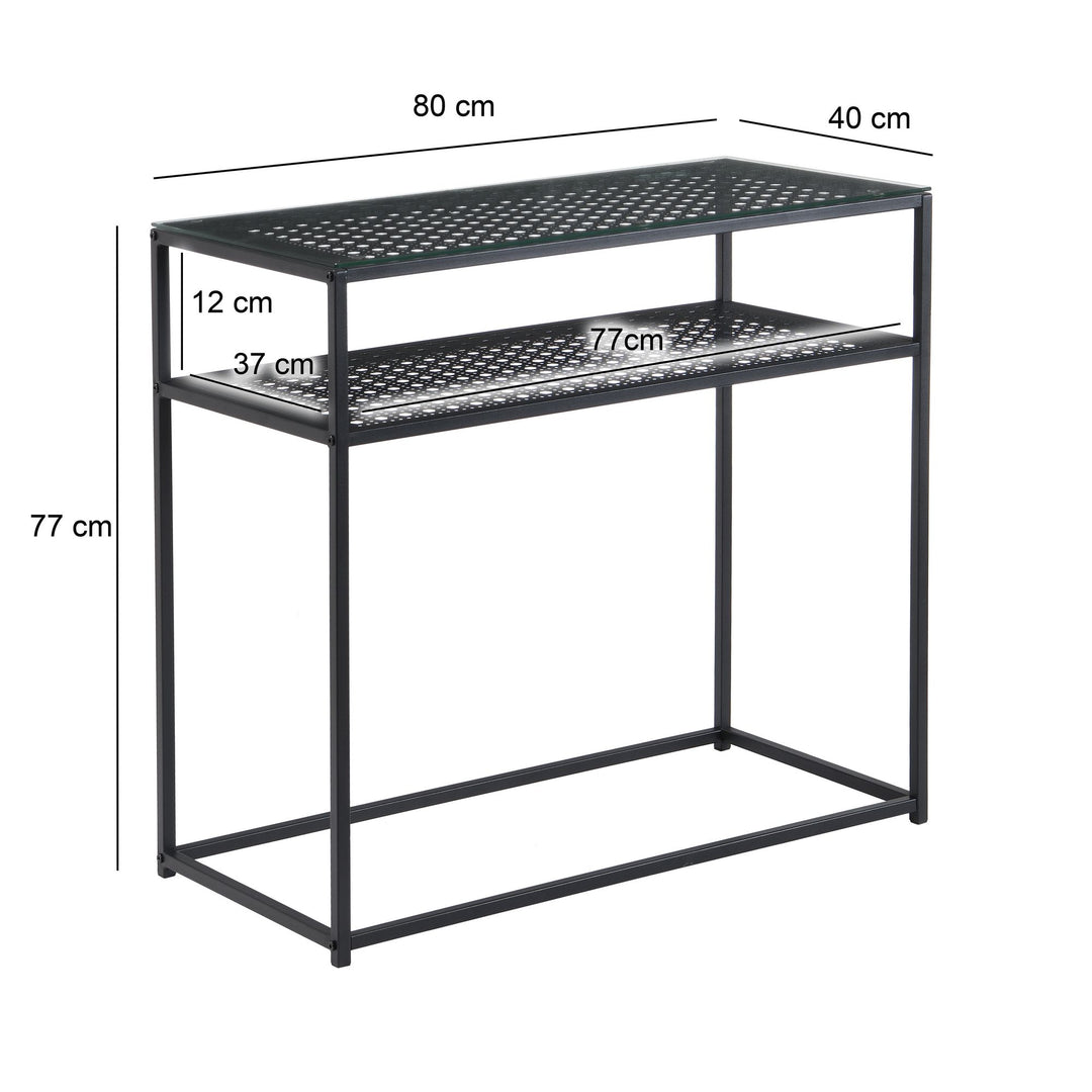 Konsolbord, glas og metal, 80x40x77 cm, entrebord, sort, smalt, entrebord med glasplade og metalstel, designer glasbord med hylde