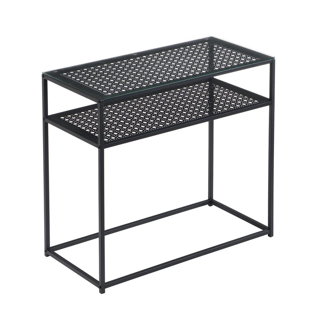 Konsolbord, glas og metal, 80x40x77 cm, entrebord, sort, smalt, entrebord med glasplade og metalstel, designer glasbord med hylde