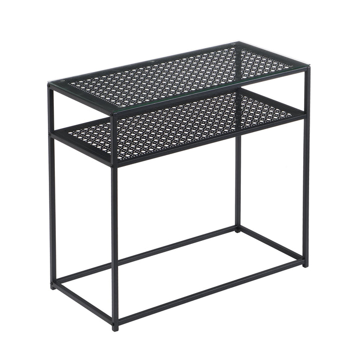 Konsolbord, glas og metal, 80x40x77 cm, entrebord, sort, smalt, entrebord med glasplade og metalstel, designer glasbord med hylde