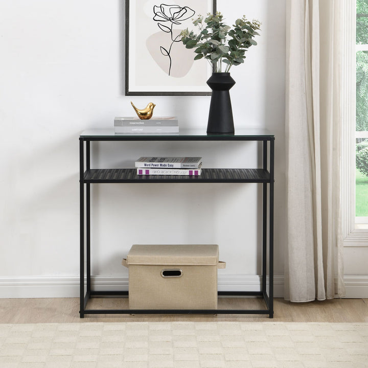 Konsolbord, glas og metal, 80x40x77 cm, entrebord, sort, smalt, entrebord med glasplade og metalstel, designer glasbord med hylde