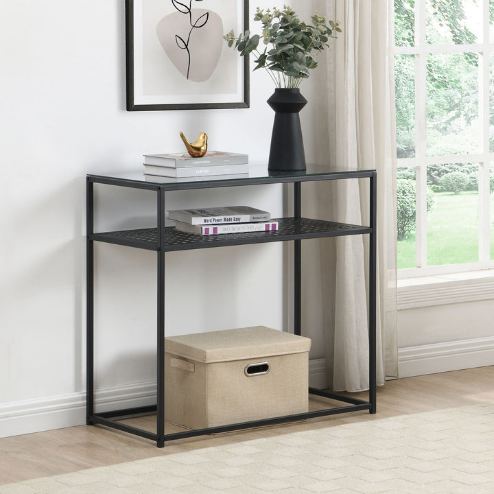 Konsolbord, glas og metal, 80x40x77 cm, entrebord, sort, smalt, entrebord med glasplade og metalstel, designer glasbord med hylde