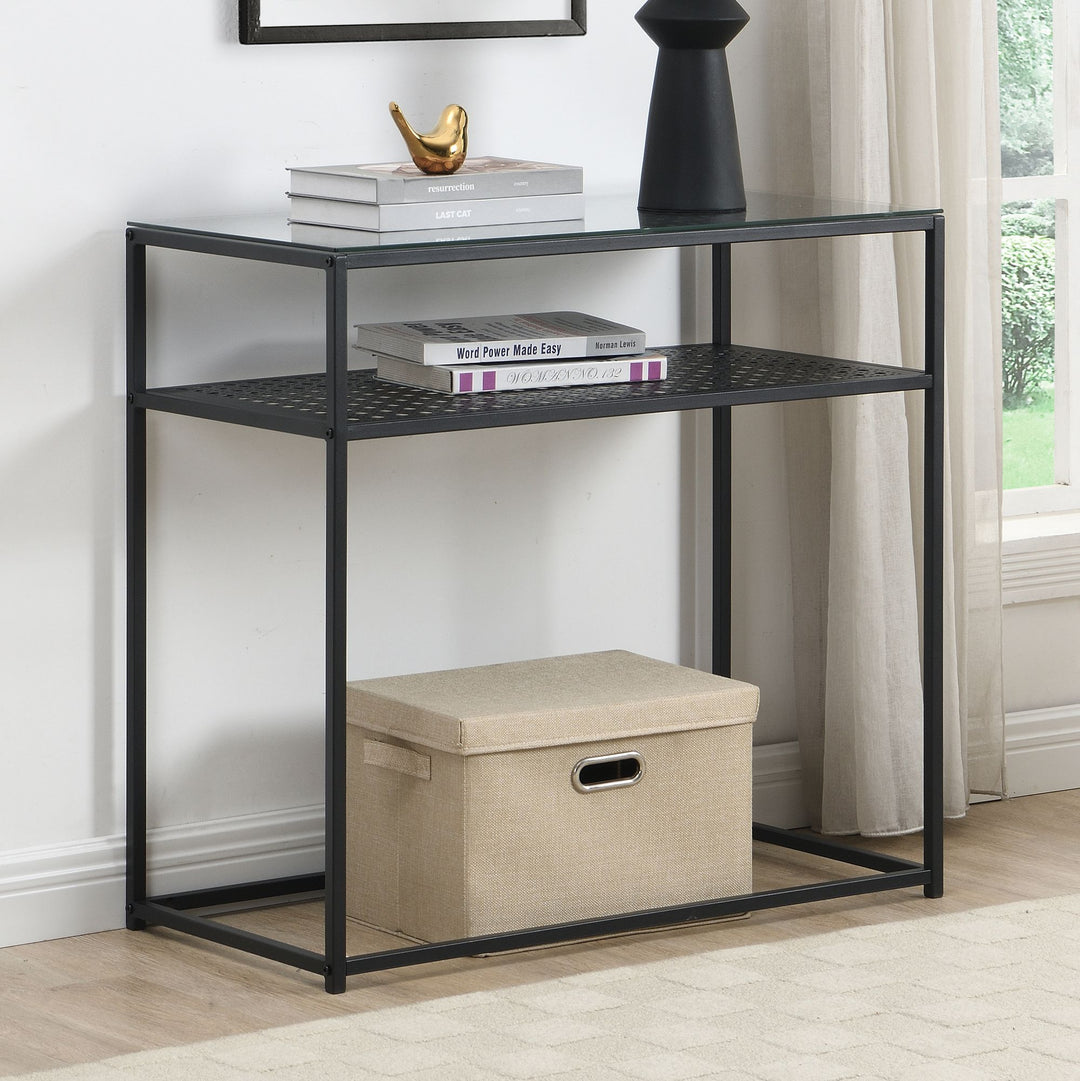 Konsolbord, glas og metal, 80x40x77 cm, entrebord, sort, smalt, entrebord med glasplade og metalstel, designer glasbord med hylde