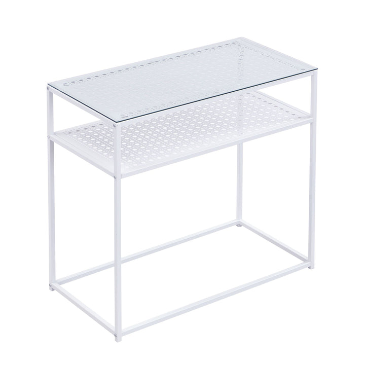 Konsolbord, glas og metal, 80x40x77 cm, entrebord, hvidt, smalt, sidebord til entré med glasplade og metalstel, designer glasbord med hylde