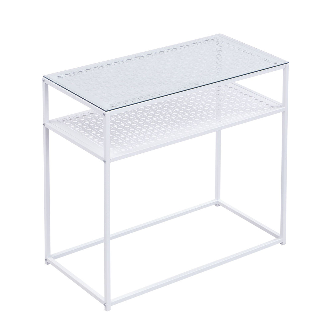 Konsolbord, glas og metal, 80x40x77 cm, entrebord, hvidt, smalt, sidebord til entré med glasplade og metalstel, designer glasbord med hylde