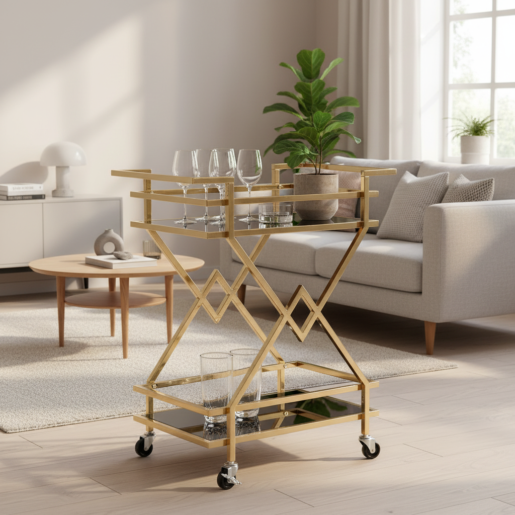 Guld serveringsvogn med glashylder 65x80x40 cm, moderne barvogn på hjul, designer drikkevare- og tevogn, metal, sort og guld, til stue, køkken, spisestue, multifunktionel rullevogn