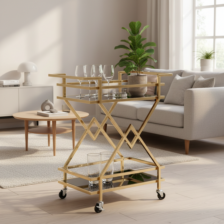 Guld serveringsvogn med glashylder 65x80x40 cm, moderne barvogn på hjul, designer drikkevare- og tevogn, metal, sort og guld, til stue, køkken, spisestue, multifunktionel rullevogn