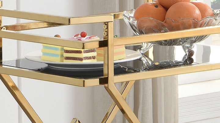 Guld serveringsvogn med glashylder 65x80x40 cm, moderne barvogn på hjul, designer drikkevare- og tevogn, metal, sort og guld, til stue, køkken, spisestue, multifunktionel rullevogn