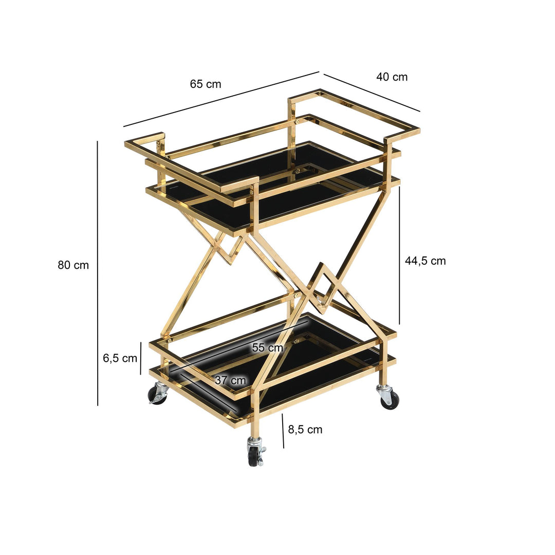 Guld serveringsvogn med glashylder 65x80x40 cm, moderne barvogn på hjul, designer drikkevare- og tevogn, metal, sort og guld, til stue, køkken, spisestue, multifunktionel rullevogn