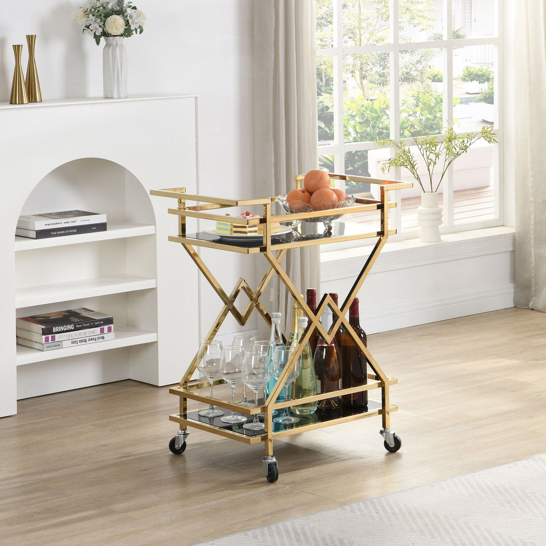 Guld serveringsvogn med glashylder 65x80x40 cm, moderne barvogn på hjul, designer drikkevare- og tevogn, metal, sort og guld, til stue, køkken, spisestue, multifunktionel rullevogn