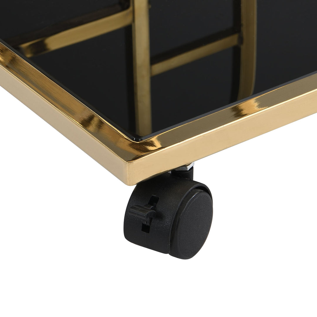 Serveringsvogn i guld med glashylder på hjul, 67,5 x 83,5 x 43 cm, moderne barvogn med flaskeholder, tevogn, drinkvogn til stue, køkken, hjemmebar, multifunktionel rullevogn
