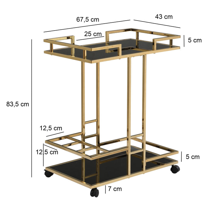 Serveringsvogn i guld med glashylder på hjul, 67,5 x 83,5 x 43 cm, moderne barvogn med flaskeholder, tevogn, drinkvogn til stue, køkken, hjemmebar, multifunktionel rullevogn