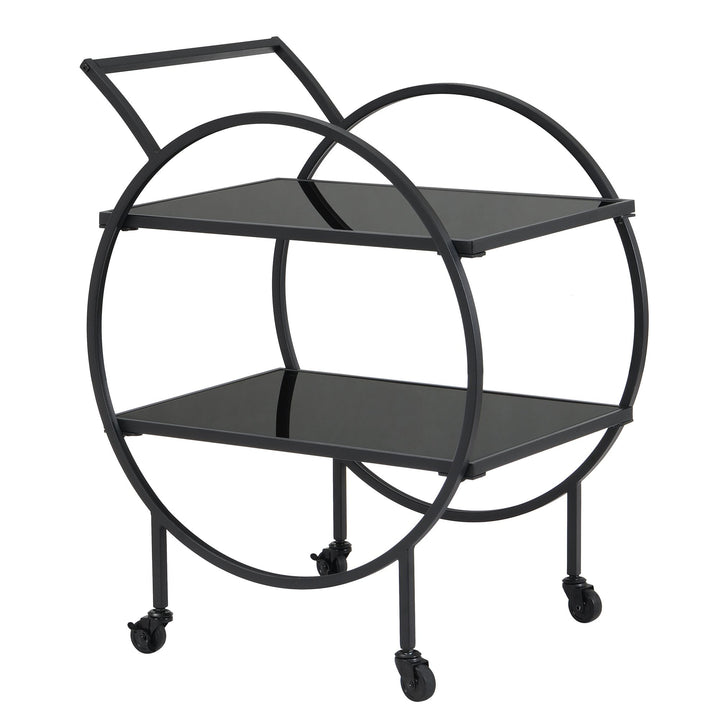 Designer serveringsvogn med hjul og bremser, 2 åbne hylder med sort glas, barvogn, tevogn, multifunktionel rullevogn/køkkenvogn til spisestue, køkken, bar