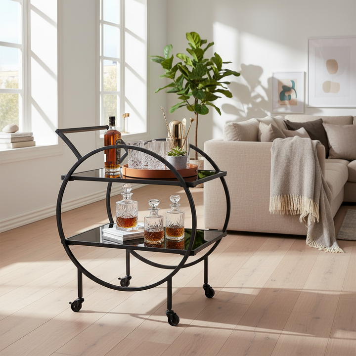 Designer serveringsvogn med hjul og bremser, 2 åbne hylder med sort glas, barvogn, tevogn, multifunktionel rullevogn/køkkenvogn til spisestue, køkken, bar