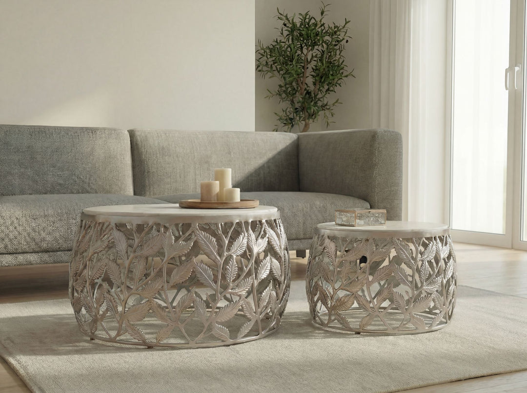 Sofabordssæt 2 stk. i Sølv Aluminium med Hvid Marmorbordplade – Runde Designborde