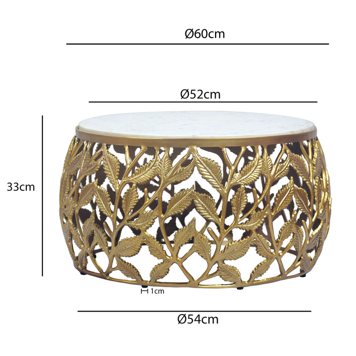 Rundt Sofabord 60 cm i Guld Aluminium med Hvid Marmorbordplade – Moderne Designbord