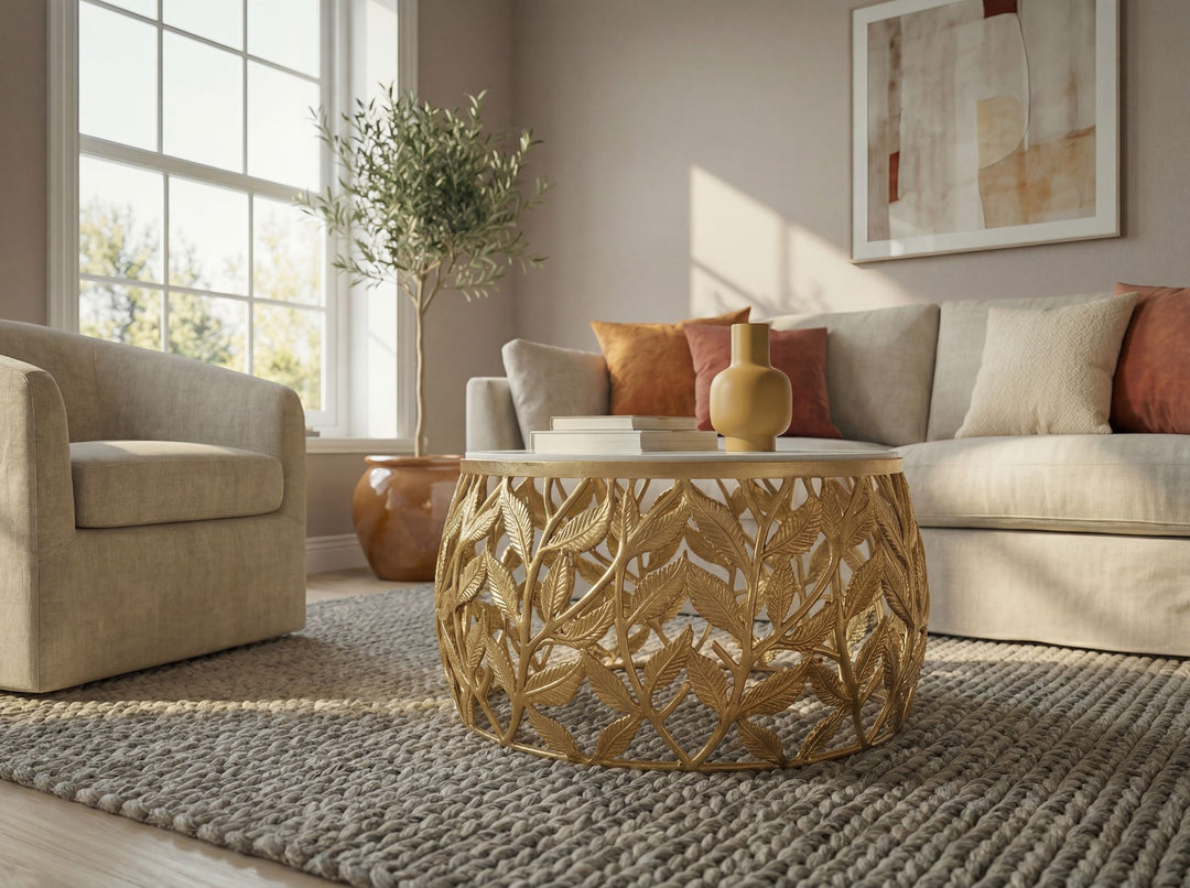 Rundt Sofabord 60 cm i Guld Aluminium med Hvid Marmorbordplade – Moderne Designbord