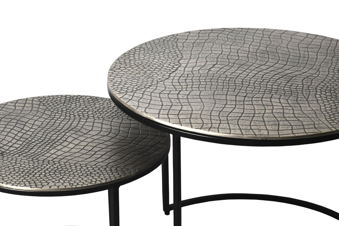 Sofabordsæt Metal 2-delt rundt sølv - Sofabord Aluminium bordplader med mønster - Håndlavet