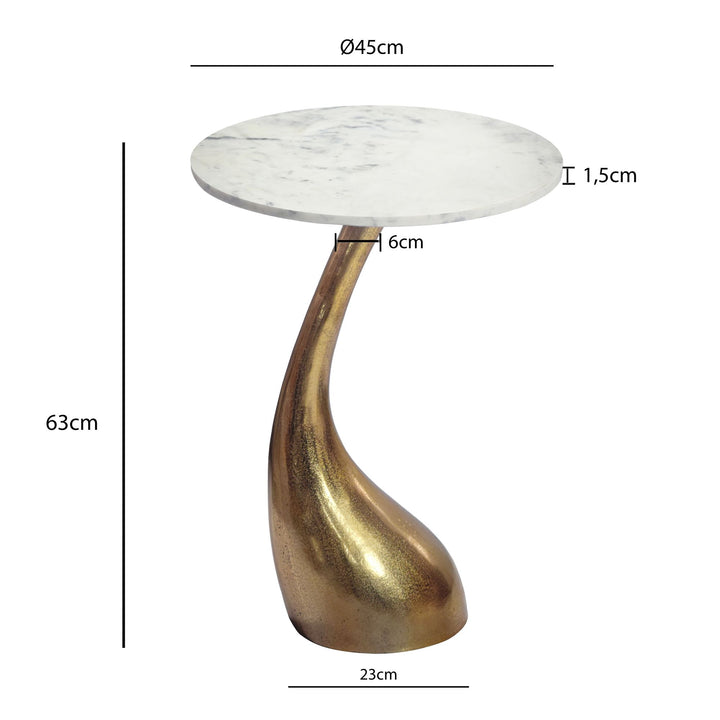 Rundt Sidebord 45 cm i Guld Aluminium med Hvid Marmorbordplade – Moderne Designbord